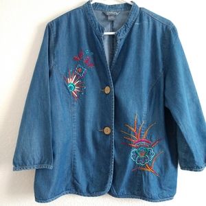 Embroidered Jacket Shacket Floral Southwest Blue Chambray Large Chest 42"